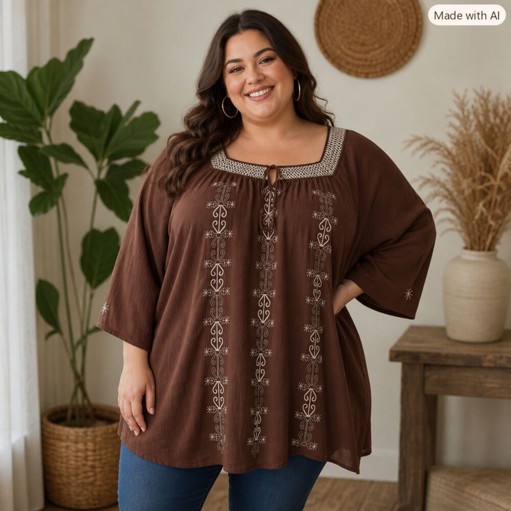 ellos Brown Embroidered Peasant Tunic with White Trim
